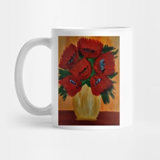 vibrant red poppies in A gold vintage style vase Mug